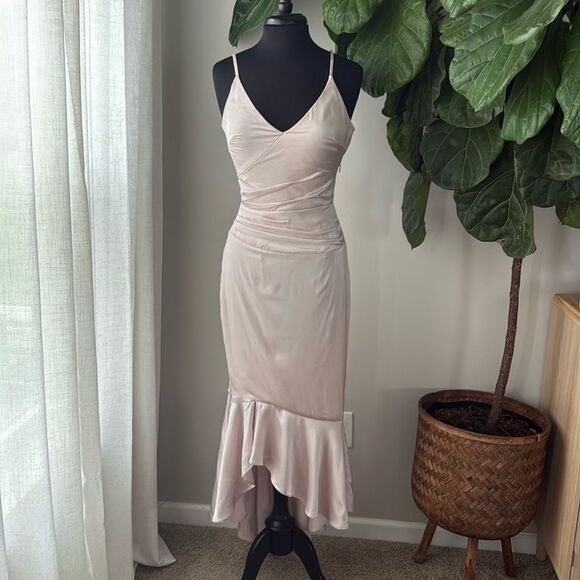 Chi Chi London Satin Evening Dress 'Varsha' in Pale Neutral Champagne - Picture 2 of 14